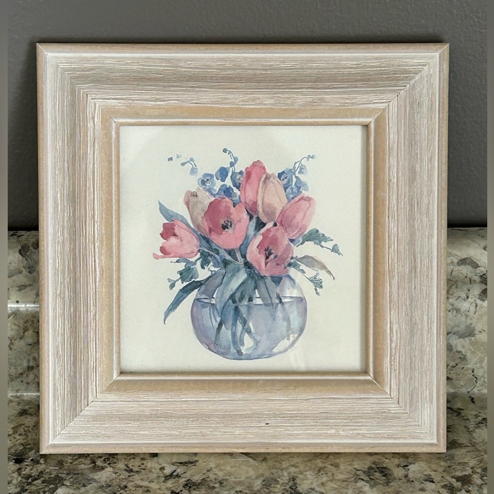 NWT Decorative Framed Watercolor Flowers Vase Whitewashed Wooden Frame 8”X 8”